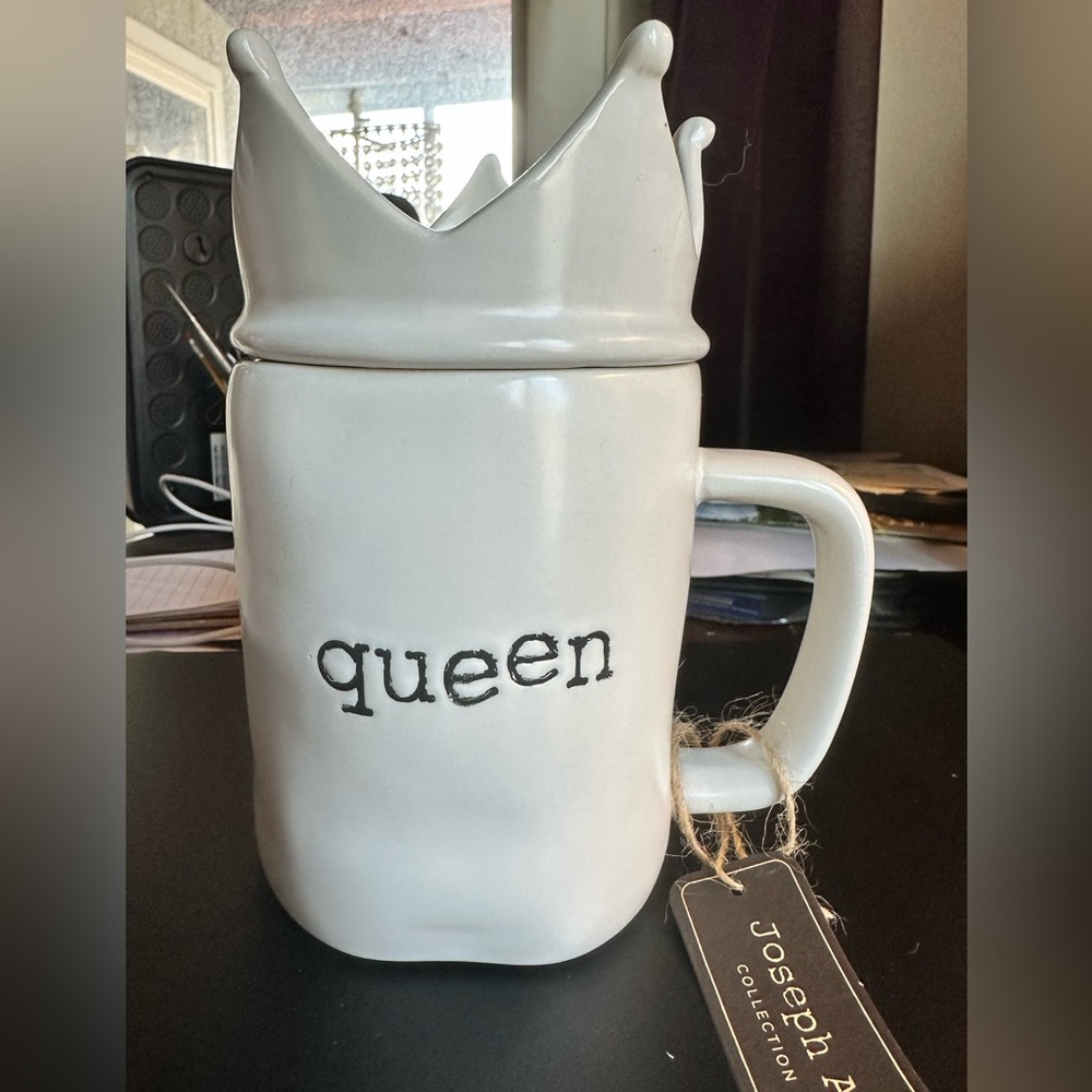 Queen white ceramic mug with crown topper by Joseph A. Collection. 21 oz